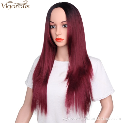 Vigorous Women Favorite Wigs Long Straight Ombre Wine Red Synthetic Wigs for Women Cosplay Hair Heat Resistant R2-118